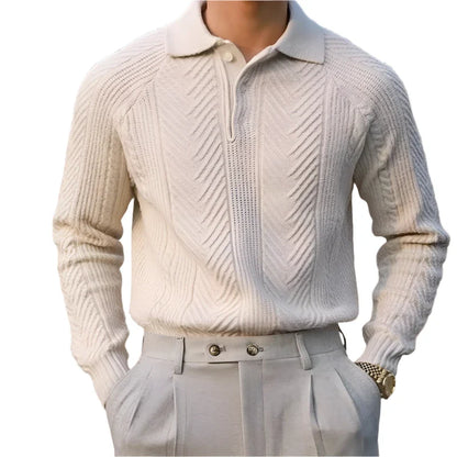 Men Textured Knitted Polo Long Sleeved Sweater | Zipper Jumper Winter Top Apricot