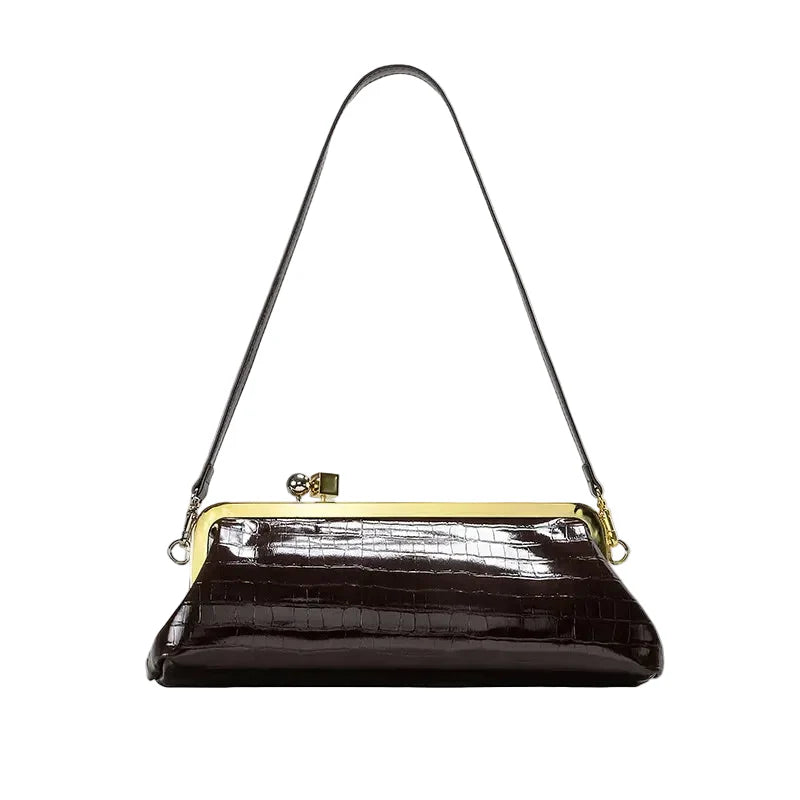 Women Leather Kiss Lock Bag | Long Clutch Bag | Luxury Shoulder Bag | Elegant Party Purse | Underarm Bag Brown 2