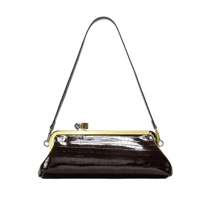 Women Leather Kiss Lock Bag | Long Clutch Bag | Luxury Shoulder Bag | Elegant Party Purse | Underarm Bag Brown 2