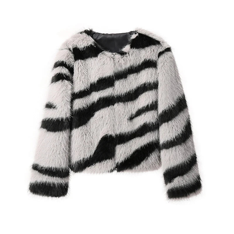 Women Fluffy Zebra Fur Coat | Animal Print Overcoat gray