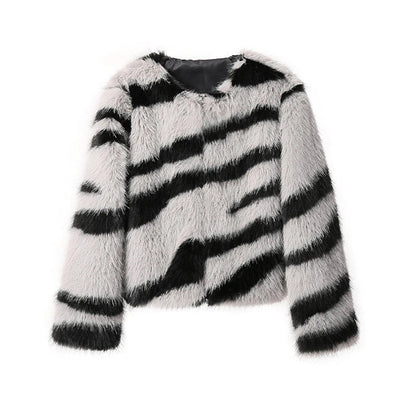Women Fluffy Zebra Fur Coat | Animal Print Overcoat gray