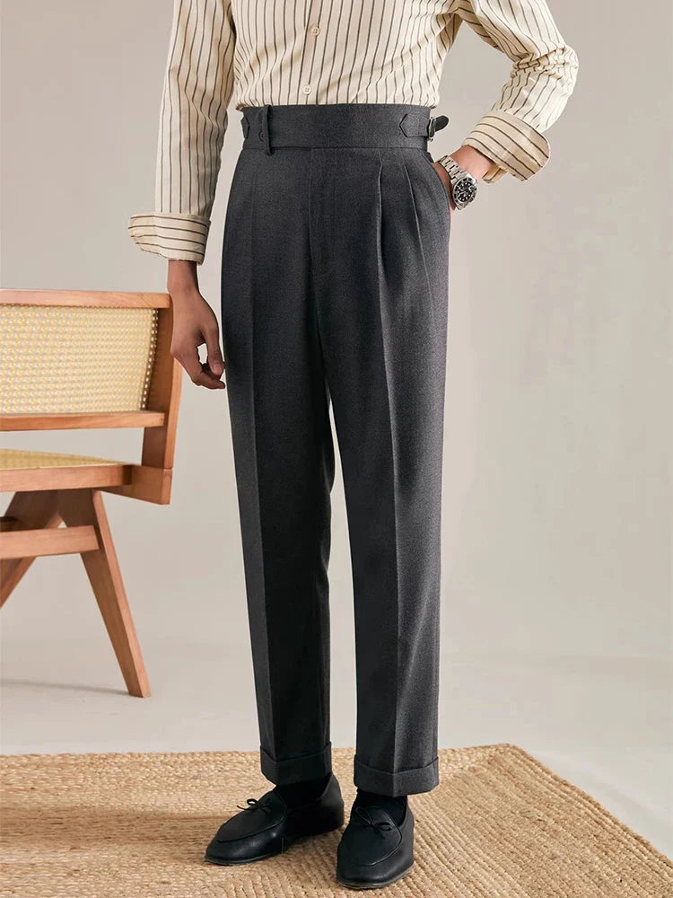 Men Naples Style Trousers | Vintage Belt Buttoned Suit Trousers | Casual Pants Dark Grey