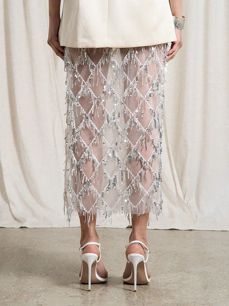 Women Sequin Fringe Maxi Skirt | Midi Mesh Pencil Skirt