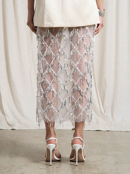 Women Sequin Fringe Maxi Skirt | Midi Mesh Pencil Skirt