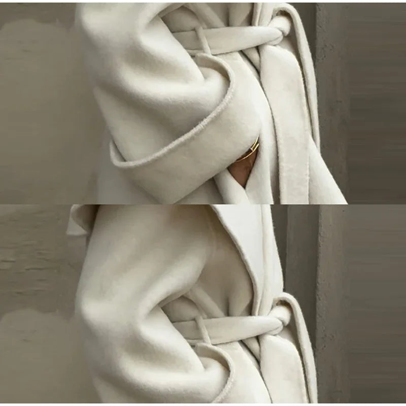Women Shawl Collar Woolen Coat With Belt | Loose Long Sleeve | Overcoat | Winter Coat