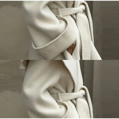 Women Shawl Collar Woolen Coat With Belt | Loose Long Sleeve | Overcoat | Winter Coat