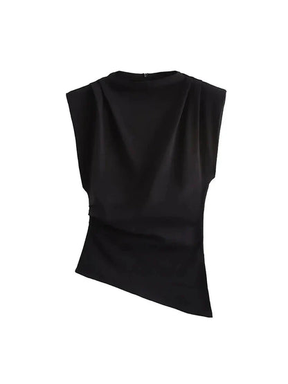 Women Asymmetric Sleeveless Cross Folds Top | Padded Shoulder Top Black