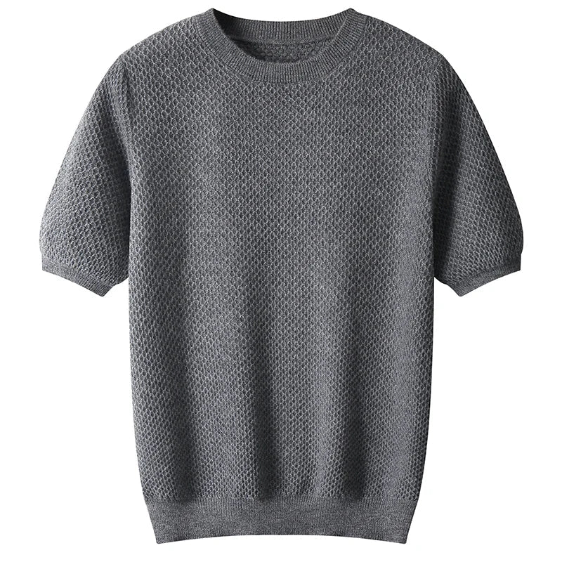 Men Short Sleeves Wool Sweater | Wool Solid Color T-Neck Pullover Gray