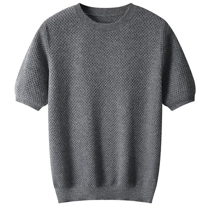 Men Short Sleeves Wool Sweater | Wool Solid Color T-Neck Pullover Gray