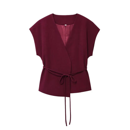 Women Sleeveless V-Neck Top With Belt Straight Pants Set | Top Trouser Suit | 2 Piece Set Burgundy Top