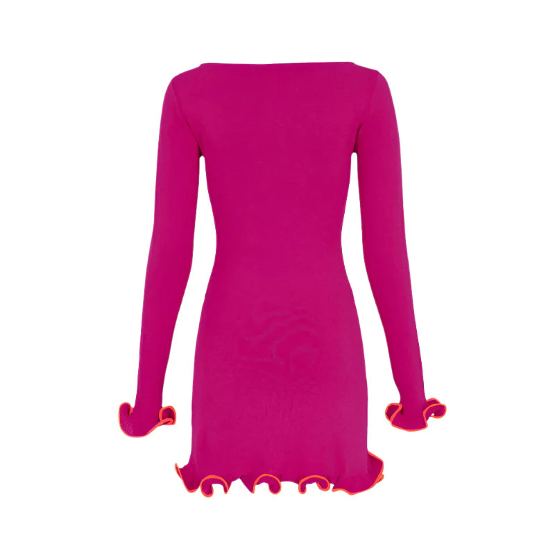 Women Color Contrast Knitted Mini Dress | Long Sleeves Party Dress Rose Red