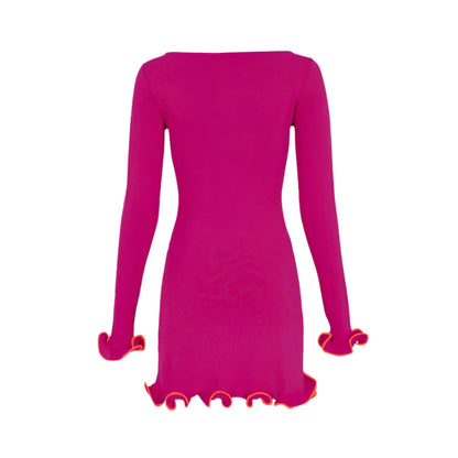 Women Color Contrast Knitted Mini Dress | Long Sleeves Party Dress Rose Red