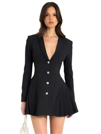 Women Black Blazer Winter Mini Dress | V Neck Single-Breasted Long Sleeve Pleated Dress black