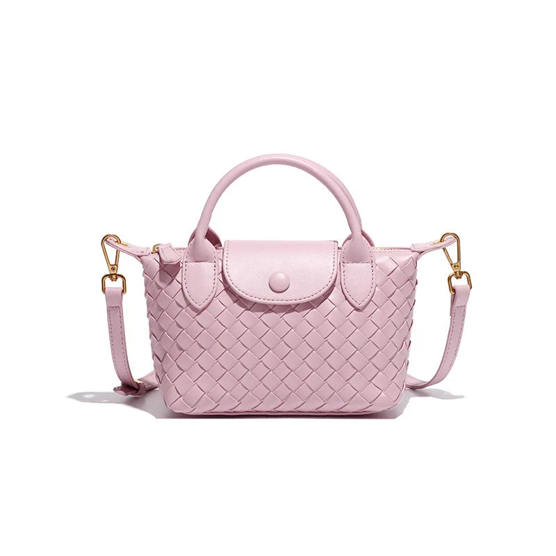 Women Woven Shoulder Bag | Small Dumpling Bag | Bucket Bag | Crossbody Bag | Lunch Box Bag Pink