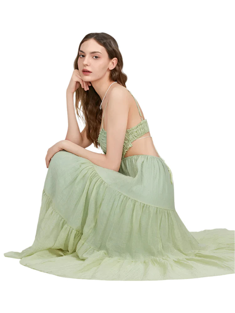 Women Summer Flowy Long Dress | Spaghetti Strap Backless Ruffled A-line Dress | Bohemian Holiday Sundress