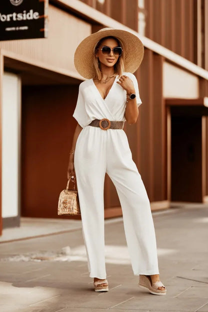 Mila | Women's Wide Leg Jumpsuit V-Neck Short Sleeve Belted
