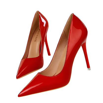 Women High Heel Pumps | Scarpins Metallic Leather Stiletto Red