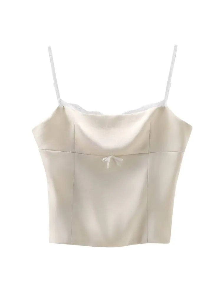 Women Lace Satin Camisole | Sleeveless Backless Silk Top | Silk Cheetah Print Crop Top White