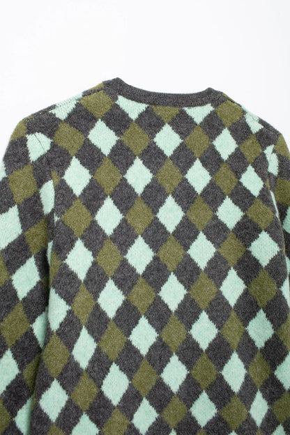 Women Vintage Argyle Sweater | Long Sleeve | Pockets | Knitted Cardigan