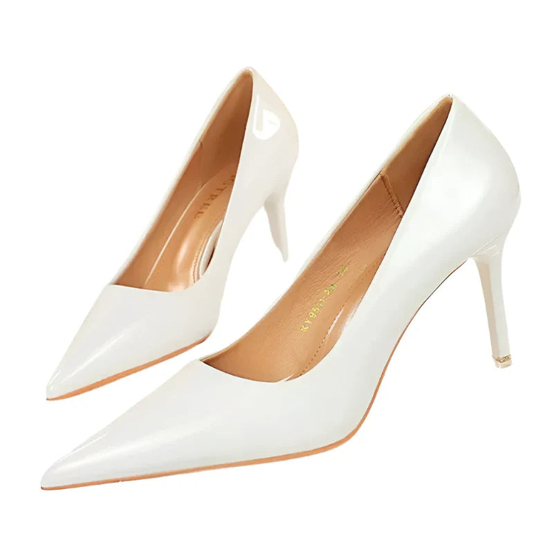 Women Short Heels | Classic Scarpins | Pumps | Metallic Leather | Low Heels Stiletto White