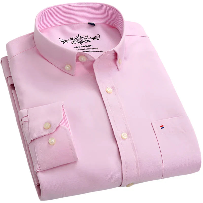 Plain Oxford Long-Sleeve Shirt Men | Office Shirt | Slim Fit Single Pocket Shirt Pink