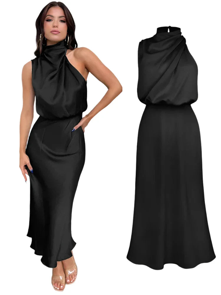 Women Satin Long Dress | Silk Sleeveless Evening Dress | Party Dress Black