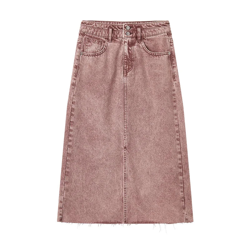 Women Long Denim Skirt | High Waist A-Line Denim Skirt with Slit pink