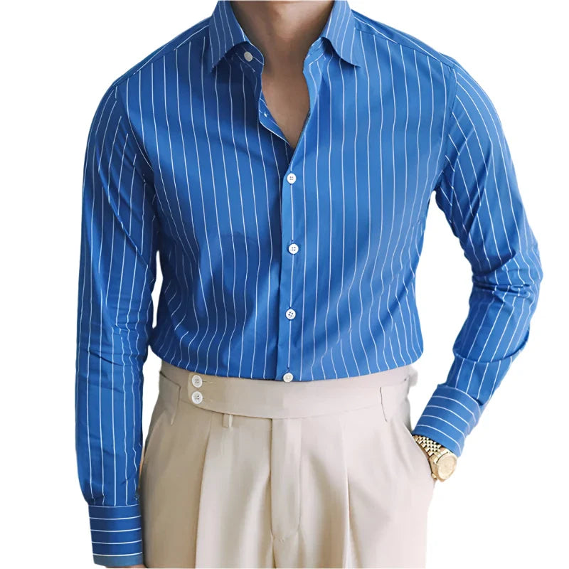 Men Striped Italian Dress Shirt | Non Iron Splayed Collar Long Sleeved Blue
