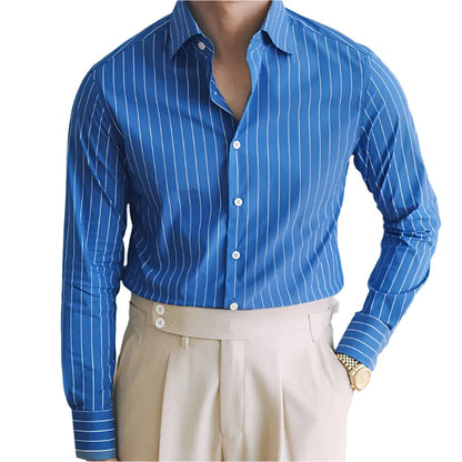 Men Striped Italian Dress Shirt | Non Iron Splayed Collar Long Sleeved Blue