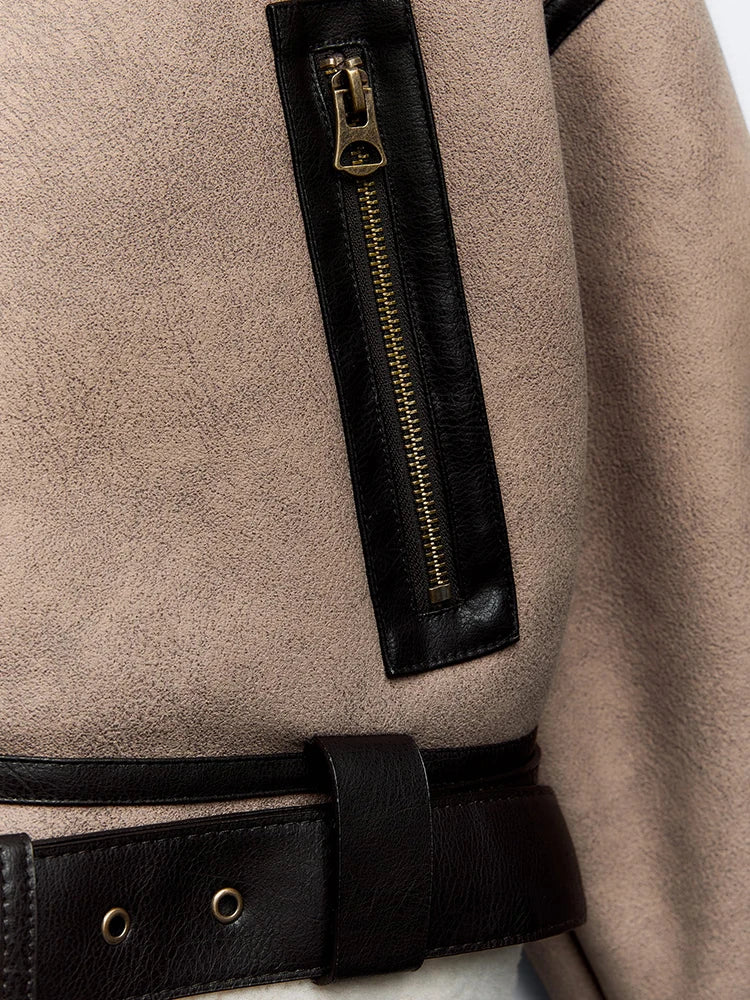 Women Spliced Leather Short Soft Fur Jacket | Female Zipper Belt Coat