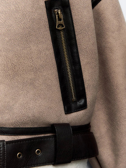 Women Spliced Leather Short Soft Fur Jacket | Female Zipper Belt Coat