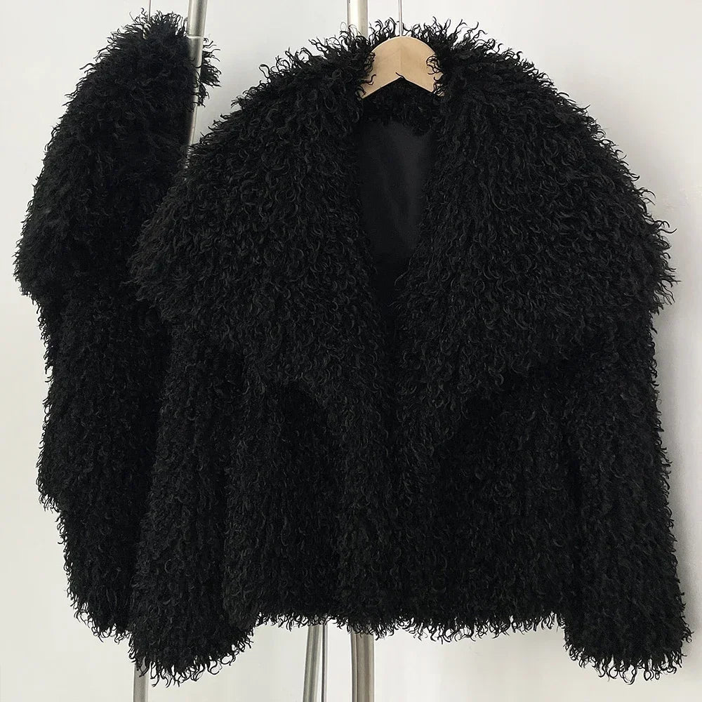 Short Mongolian Fur Coat | Women Luxury Cropped Fur Coat | Warm | Winter Black
