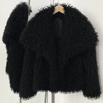 Short Mongolian Fur Coat | Women Luxury Cropped Fur Coat | Warm | Winter Black