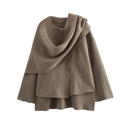 Women Asymmetric Scarf Short Knitted Jacket | Thick Brown