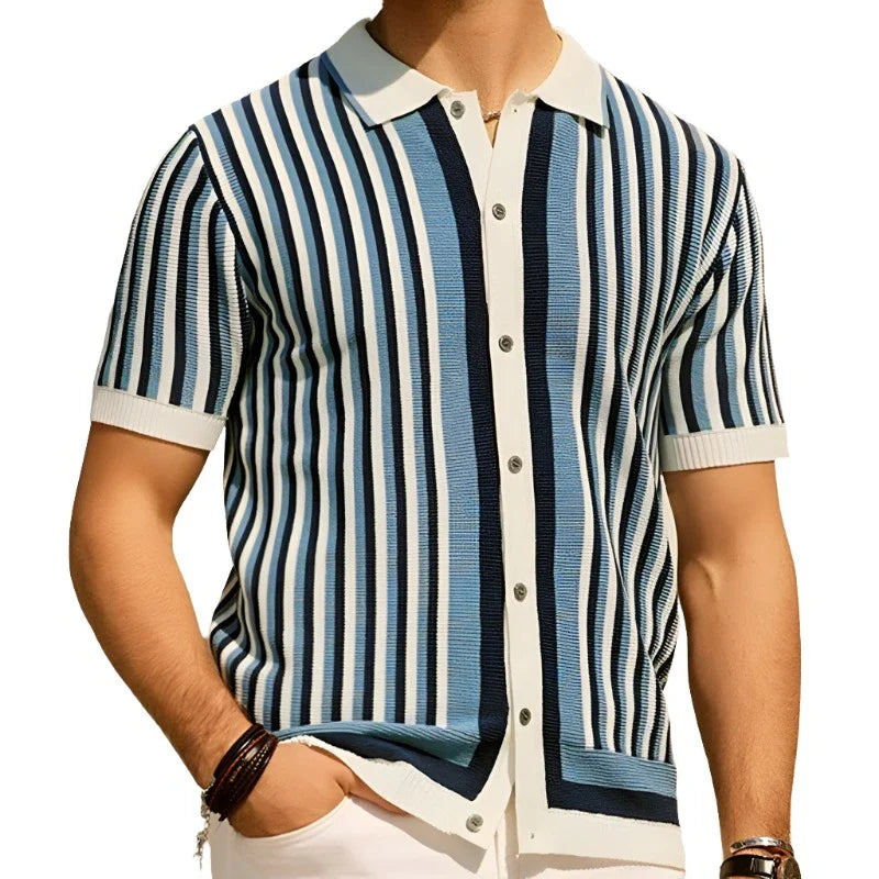 Men Summer Polo Shirt | Men Knit Polo Shirt | Short Sleeve Button Down Blue