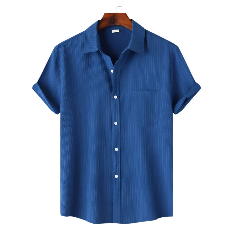 Men Cotton Linen Summer Shirt | Short Sleeve Button Down | Beach Shirt | Casual Breathable Holiday Hawaiian Shirt dark Blue