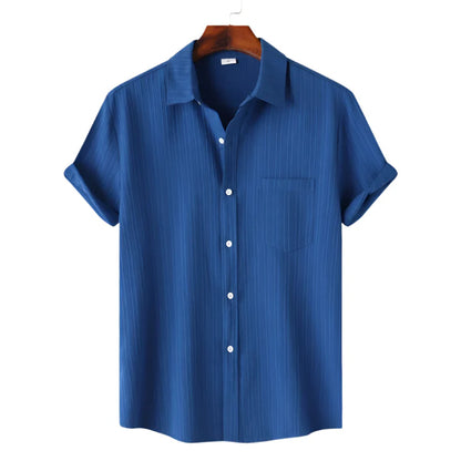 Men Cotton Linen Summer Shirt | Short Sleeve Button Down | Beach Shirt | Casual Breathable Holiday Hawaiian Shirt dark Blue