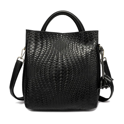 Women Large Capacity Leather Bag | Women Office Bag | Woven Texture Bucket Bag black