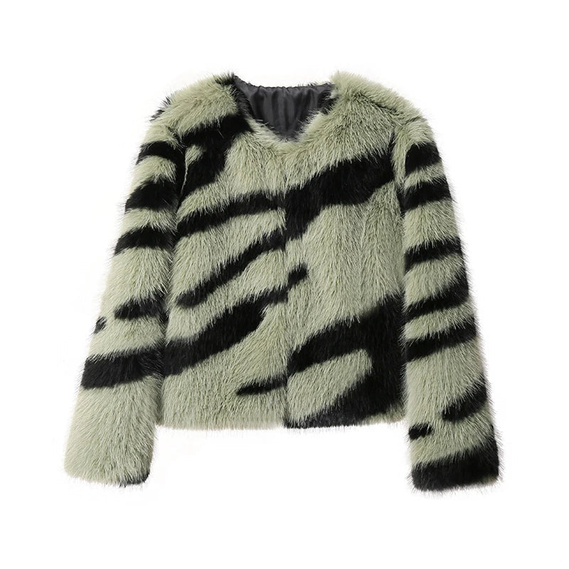 Women Fluffy Zebra Fur Coat | Animal Print Overcoat green