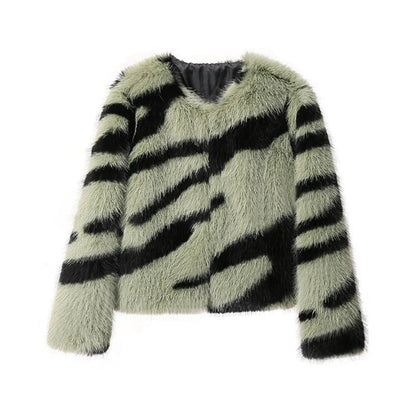 Women Fluffy Zebra Fur Coat | Animal Print Overcoat green