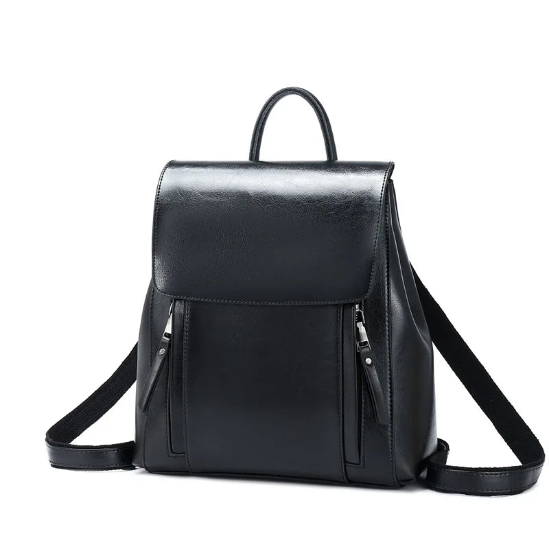 Women Square Genuine Leather Backpack | Anti-Theft Shoulder Bag Black