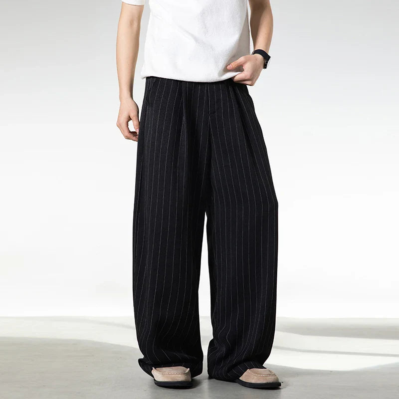 Men Classic Striped Pleated Wide Leg Trousers | Baggy | Straight | Dress Pants | Business