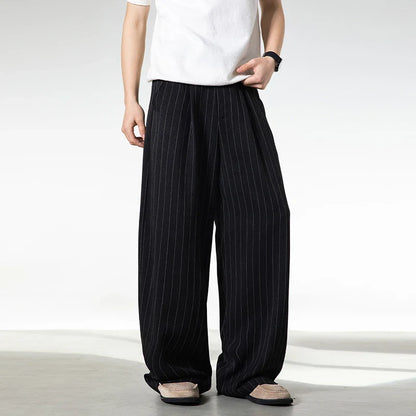 Men Classic Striped Pleated Wide Leg Trousers | Baggy | Straight | Dress Pants | Business