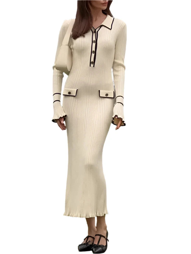 Women Ribbed Knitted Dress | Women Ruffle Knitted Maxi Dress | Long Sleeve Slim Dress Beige