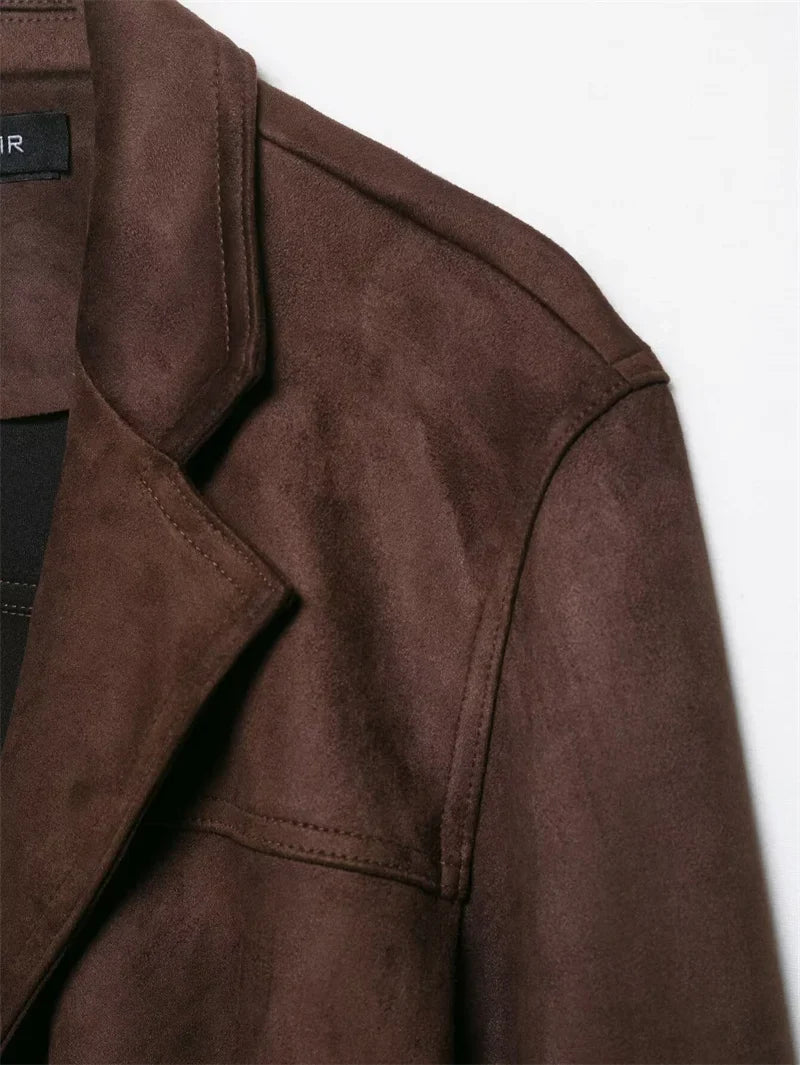 Women Brown Jacket | Long Sleeve | Suede | Belt Jacket