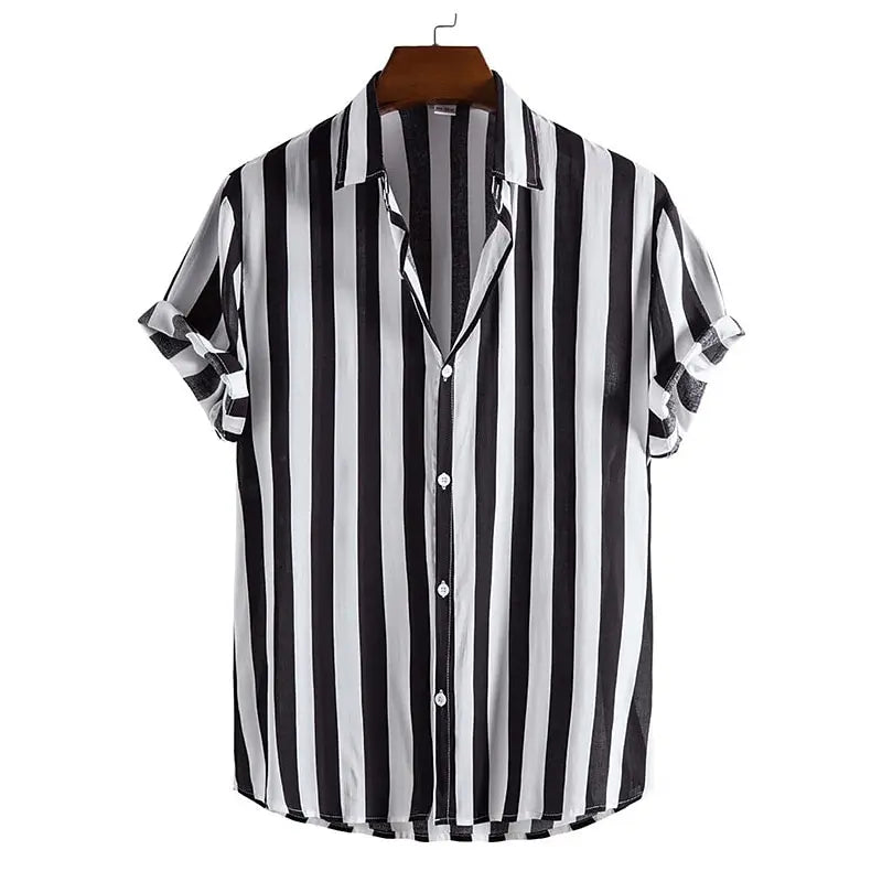 Men Striped Short-Sleeved Button Down Shirt | Casual Loose Lapel Top Black