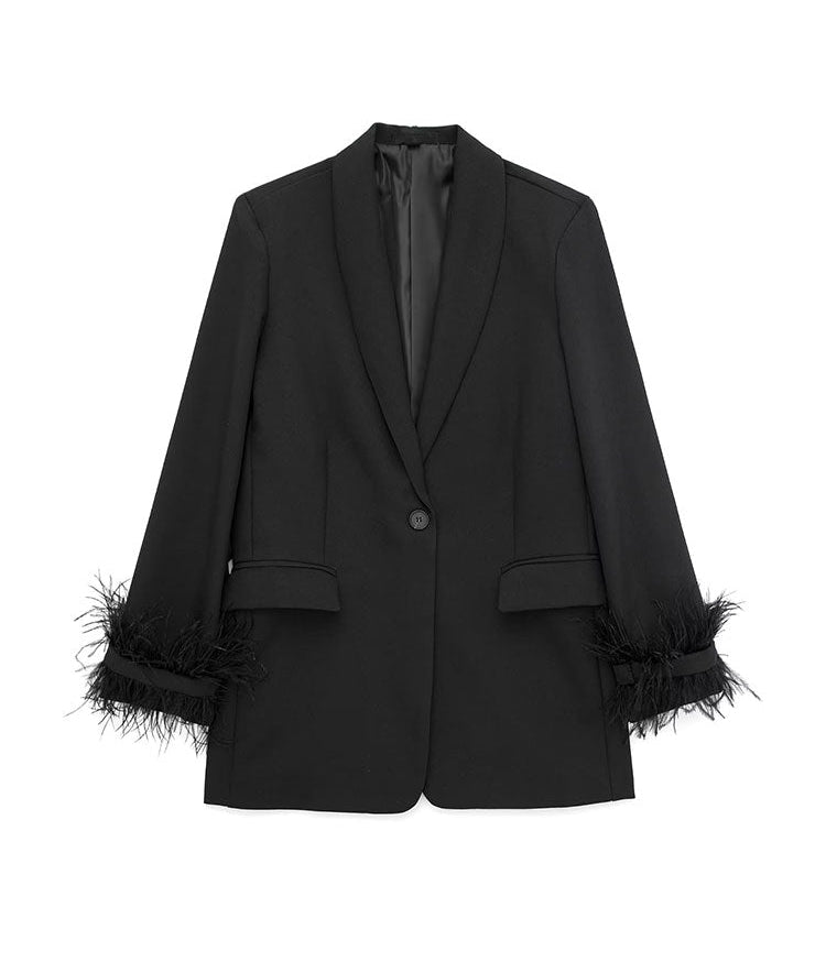 Women Satin Black With Feather Blazer Jacket | Vintage | Notched Neck Black