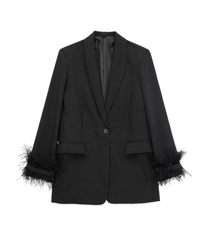 Women Satin Black With Feather Blazer Jacket | Vintage | Notched Neck Black