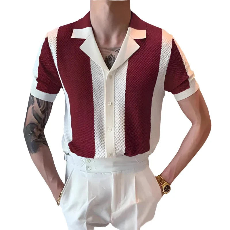 Men Knit Striped Contrast Shirt | Summer Short Sleeve | Buttoned Knitted Cardigan Wine Red