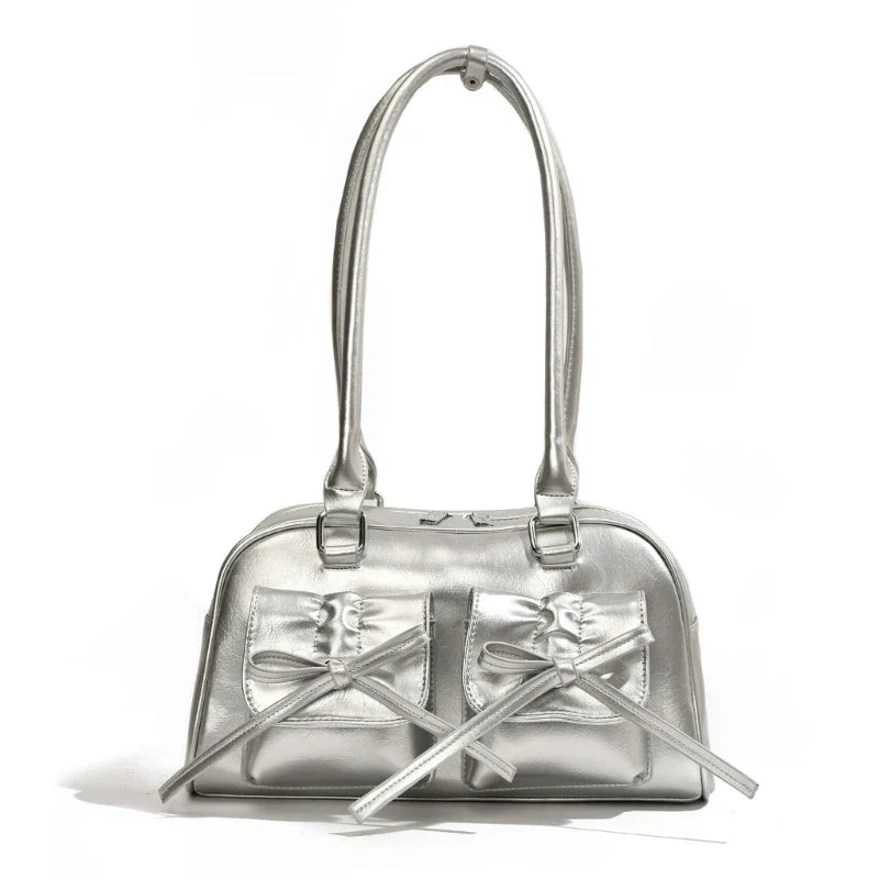 Women Bowknot Shoulder Bag Silver